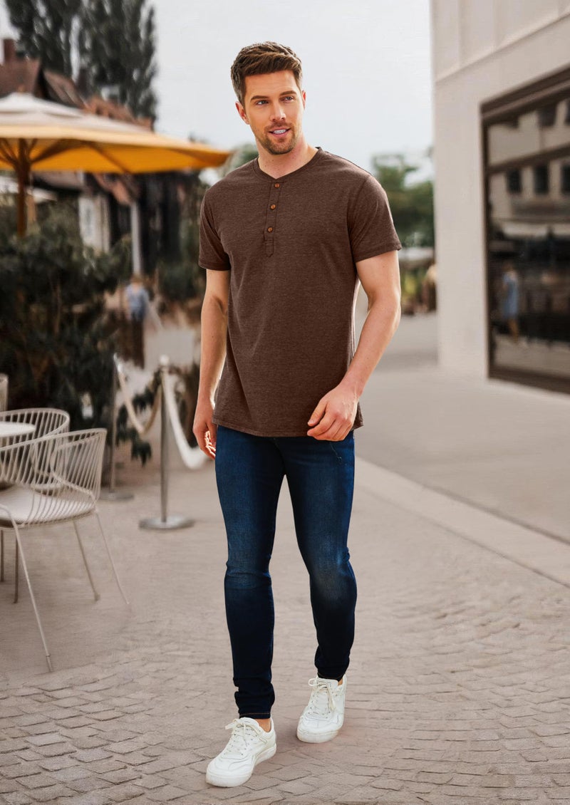 PEGENO Men's Fashion Casual Front Placket Short/Long Sleeve Henley T-Shirts Cotton Shirts (US Large, A9 VG-Brown) - Image 5